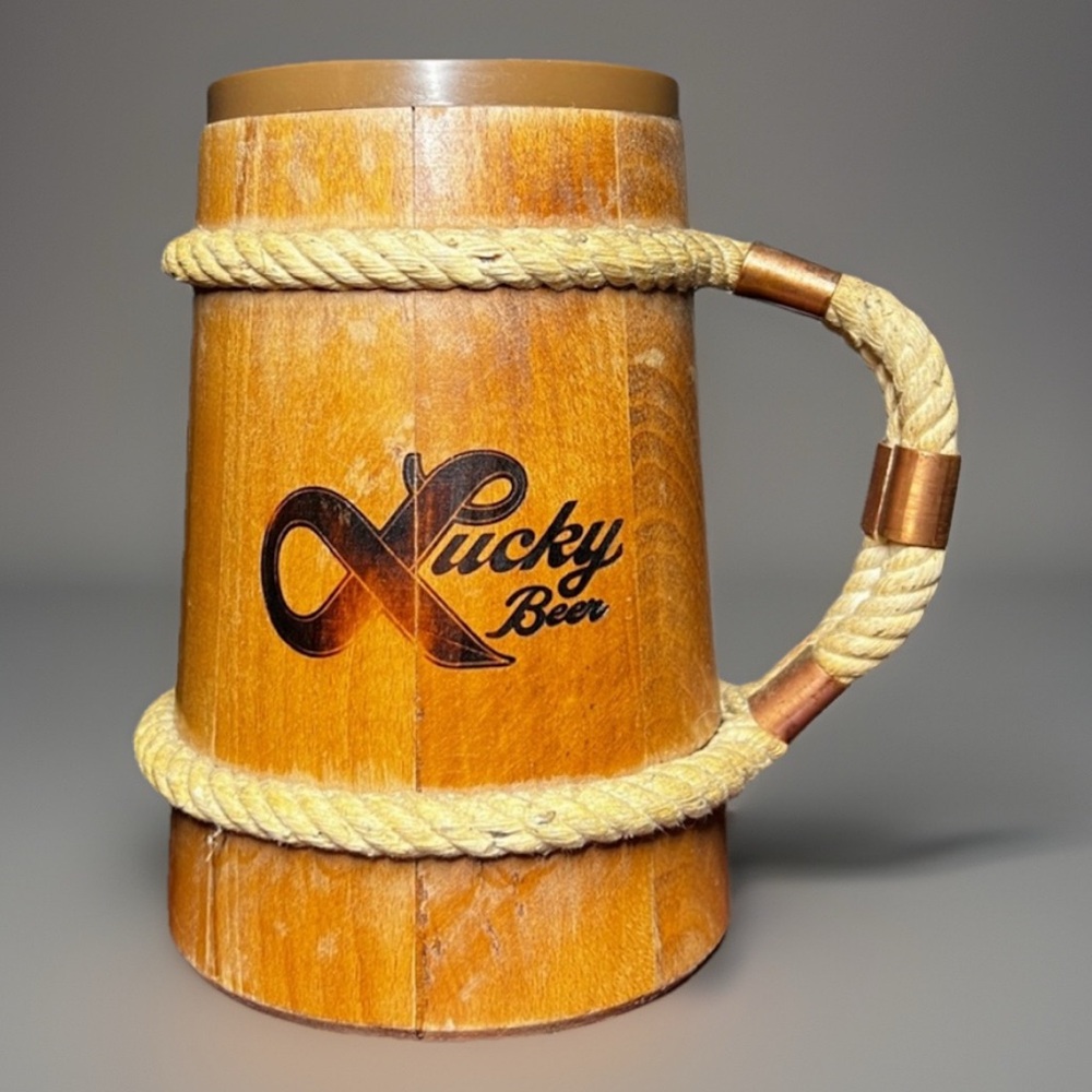 Lucky Vintage Wood Barrel  Mug Rope Handle Plastic Cup Insert 1970s